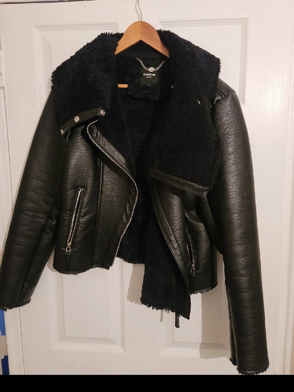 Bebe Black Faux Leather Sherpa Jacket Size L